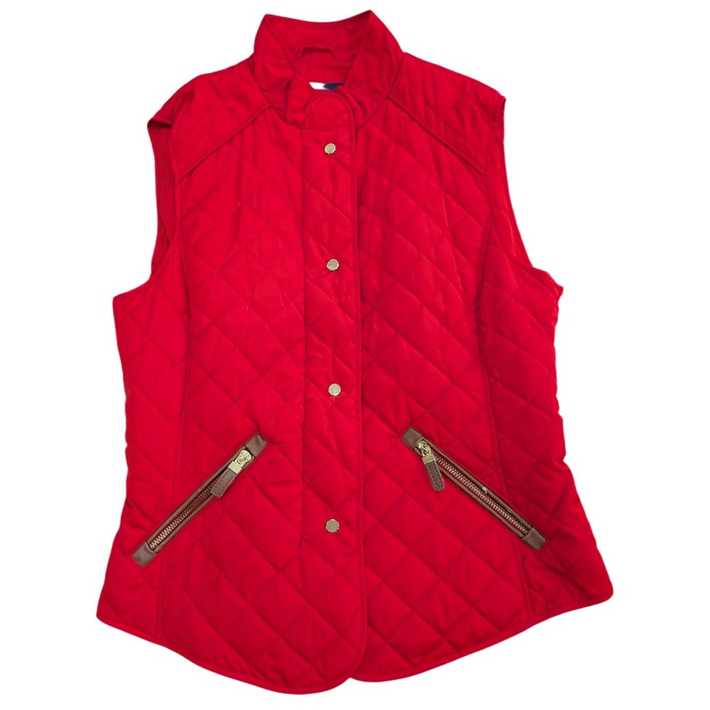 ZARA Basic Red Quilted Equestrian Vest MEDIUM Snap Front Faux Leather Trim Gilet
